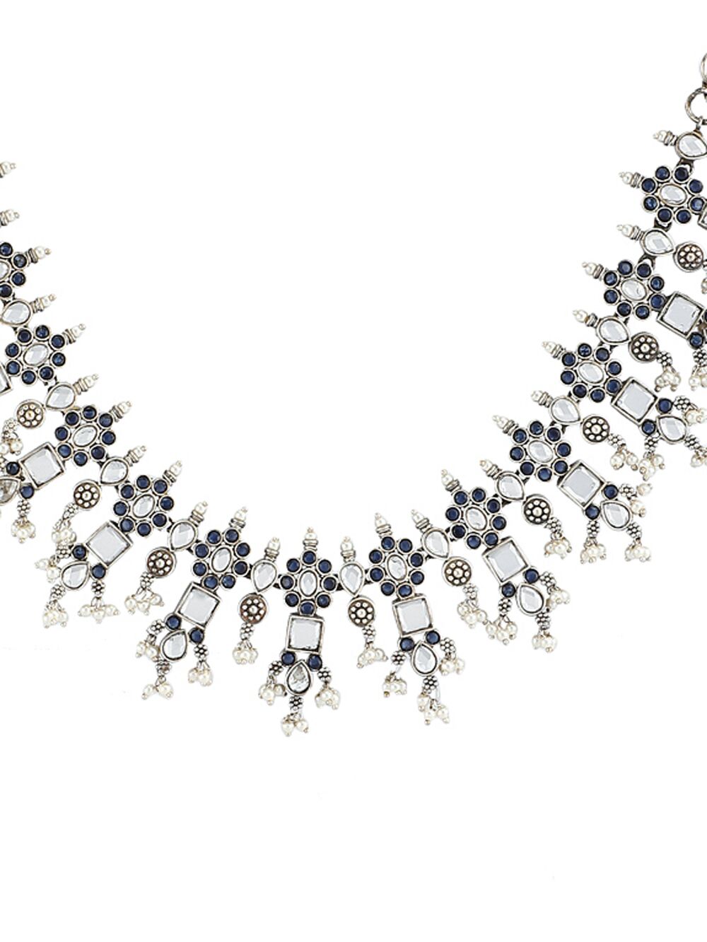 SILVER TONE HANDCRAFTED BRASS NECKLCAE WITH EARRINGS ( SET OF 2)