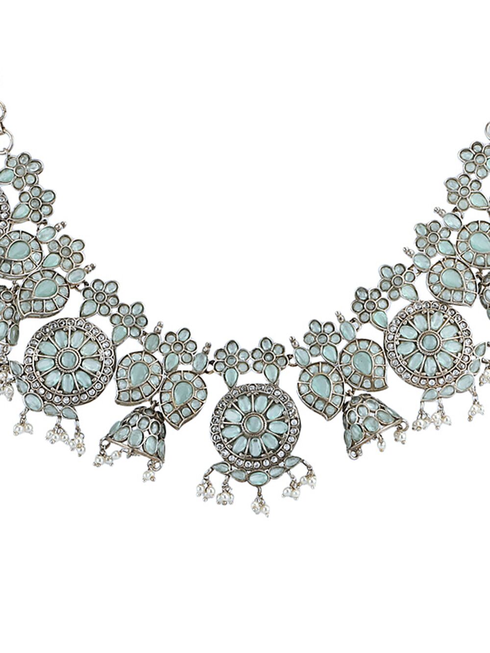 SILVER TONE HANDCRAFTED BRASS NECKLCAE WITH EARRINGS ( SET OF 2)