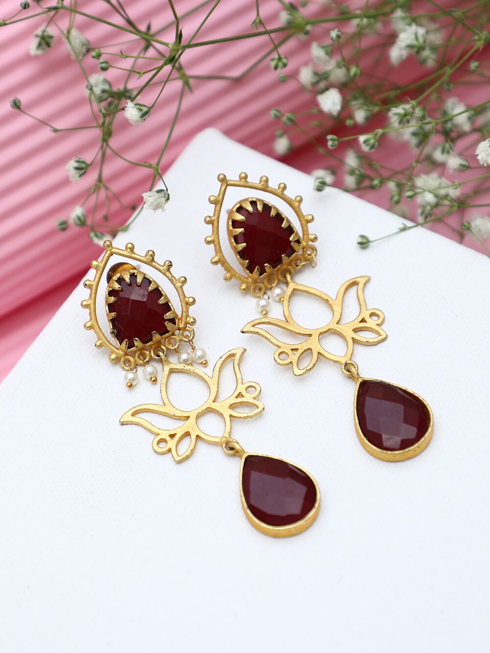 RED MATTE GOLD HANDCRAFTED BRASS LOTUS EARRINGS