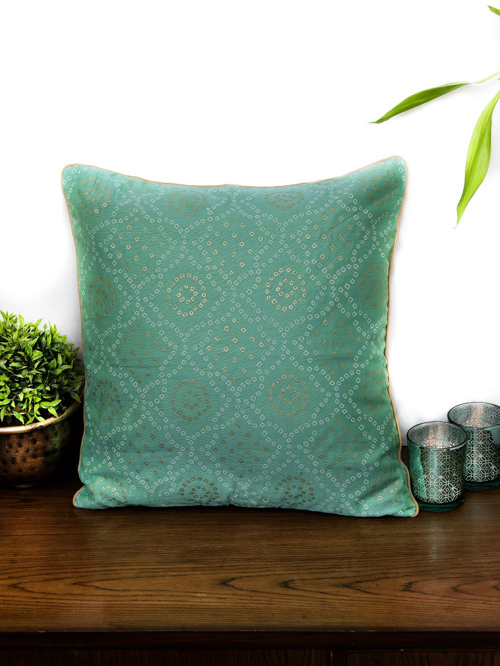 Green Bandhni Printed  Chanderi Cushion Cover - Size 16 x 16 Inch