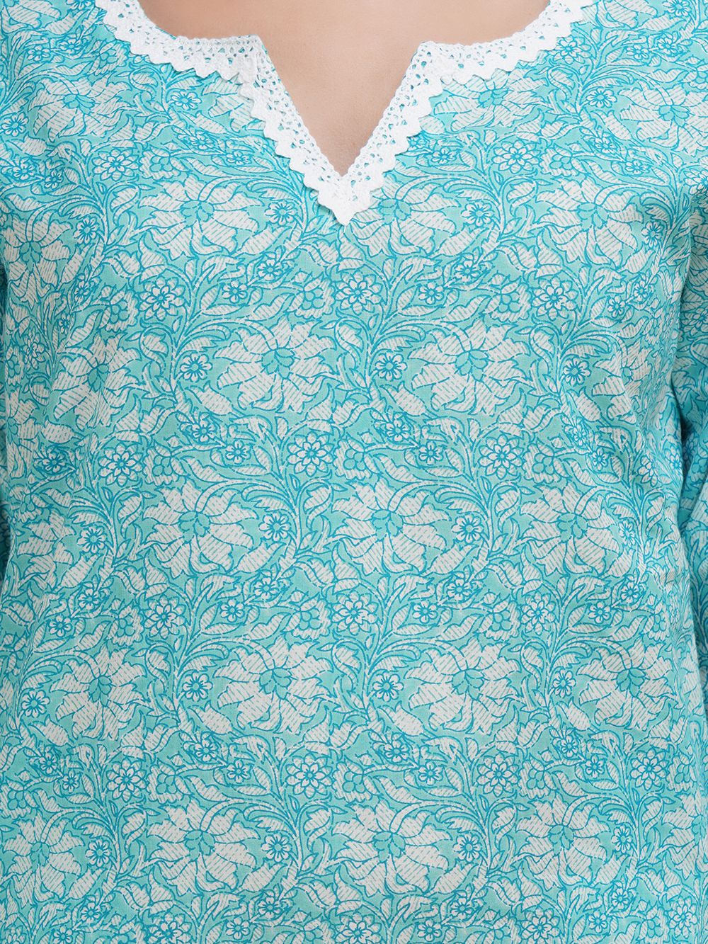 Bright Turquoise Printed Cotton Kurta
