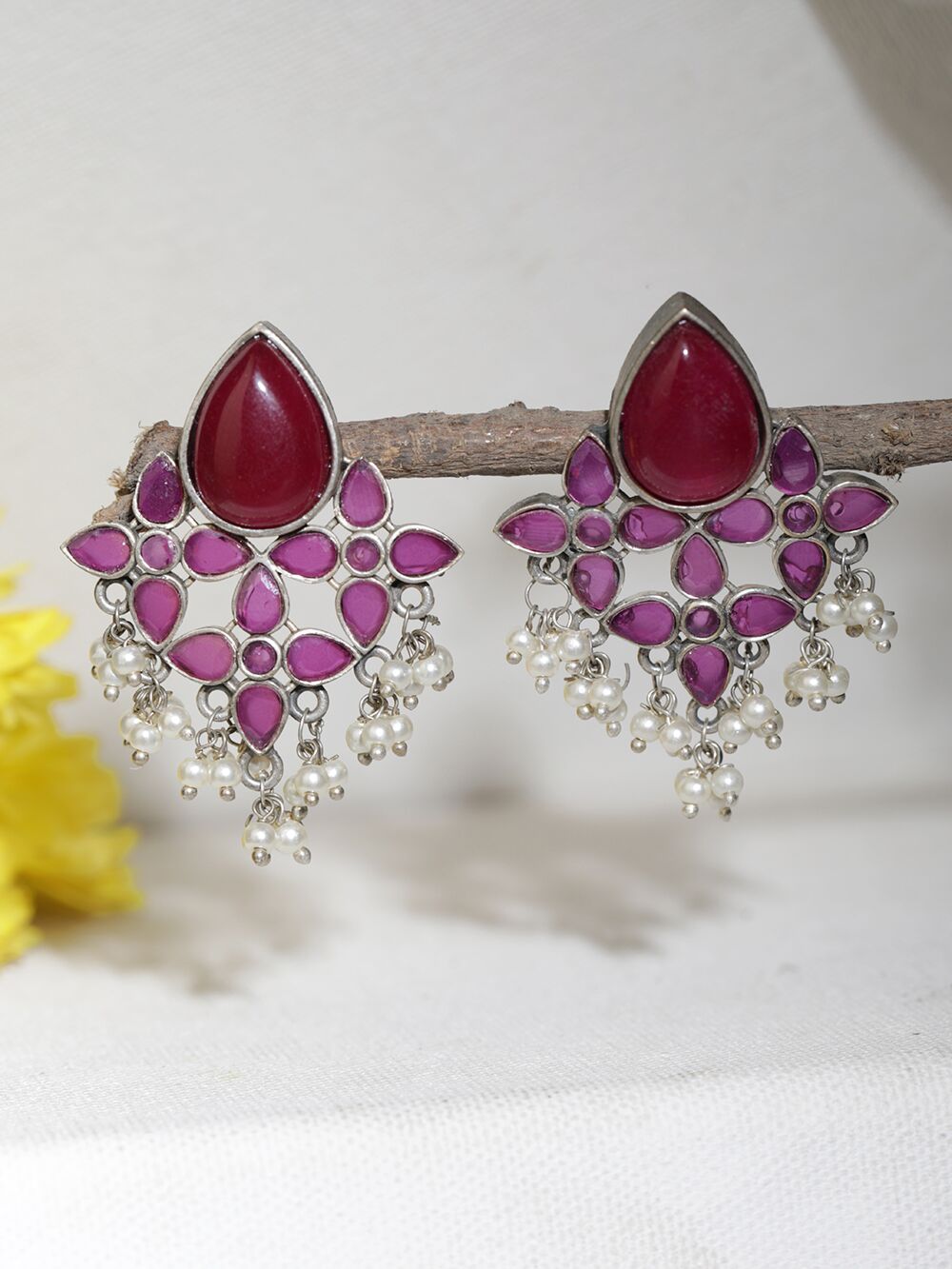 Red Silver Tone Brass Stud Earrings