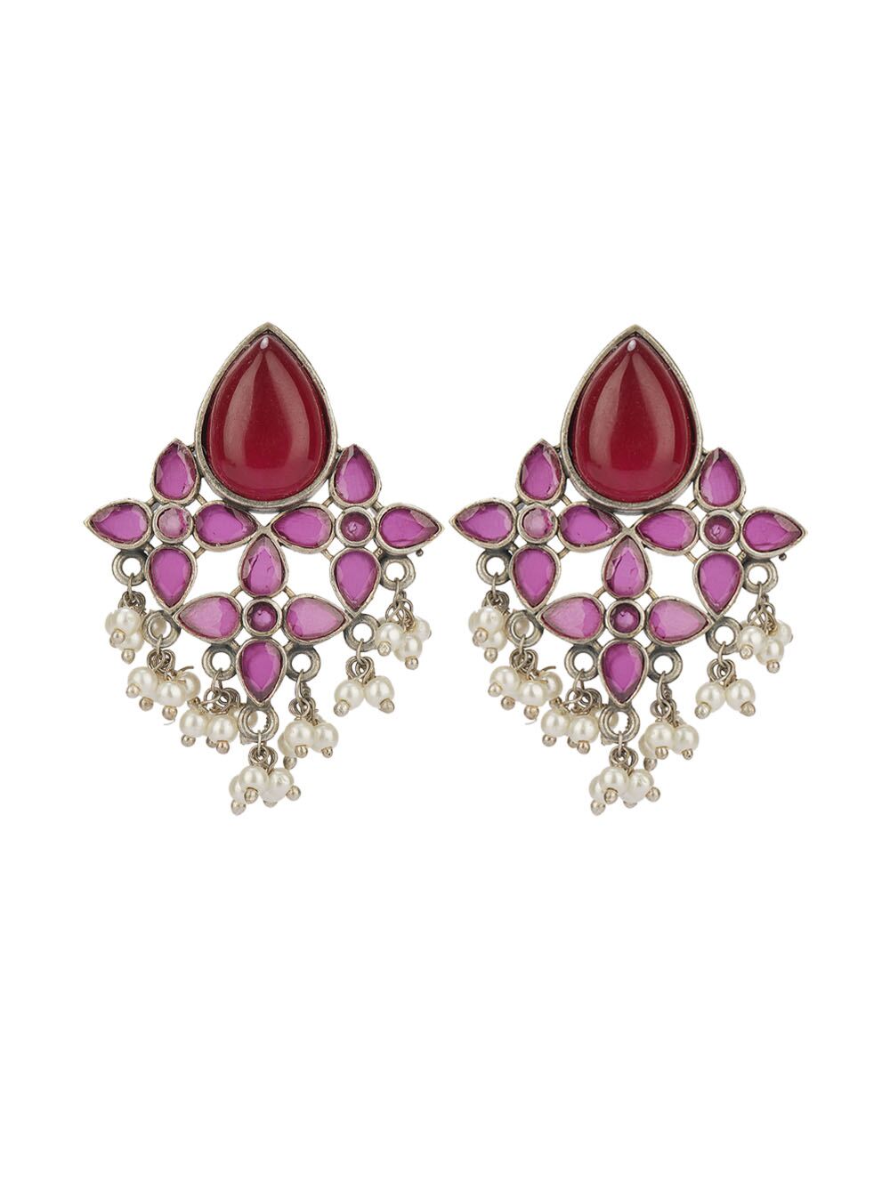 Red Silver Tone Brass Stud Earrings