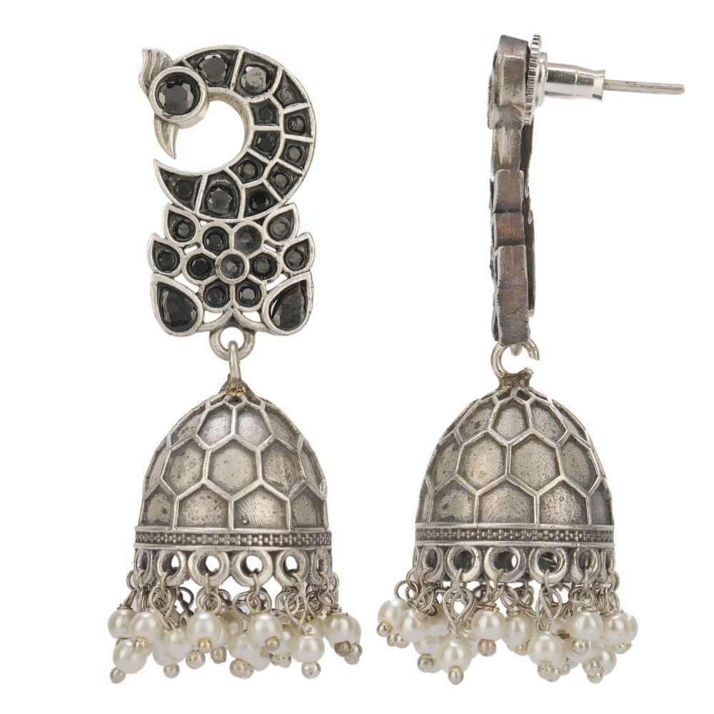 Peacock Style Silver Tone Brass Jhumka