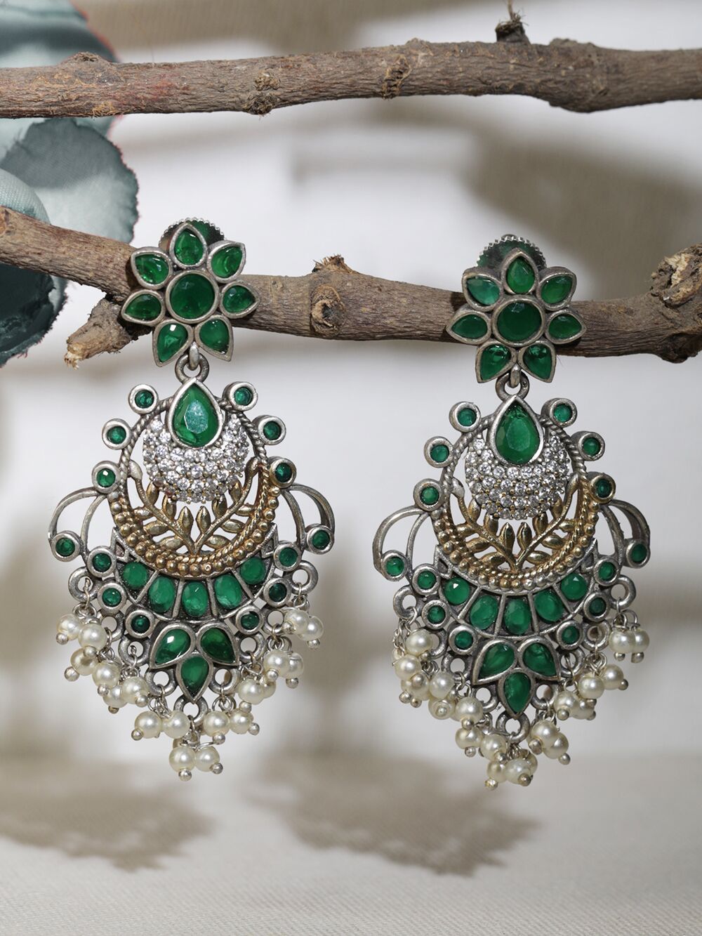 Green Handcrafted Dual Tone Brass Earrings