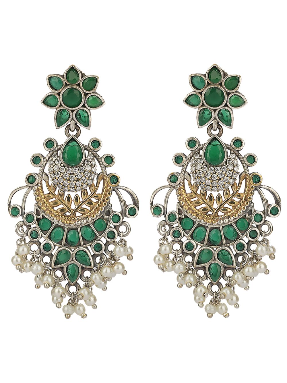 Green Handcrafted Dual Tone Brass Earrings