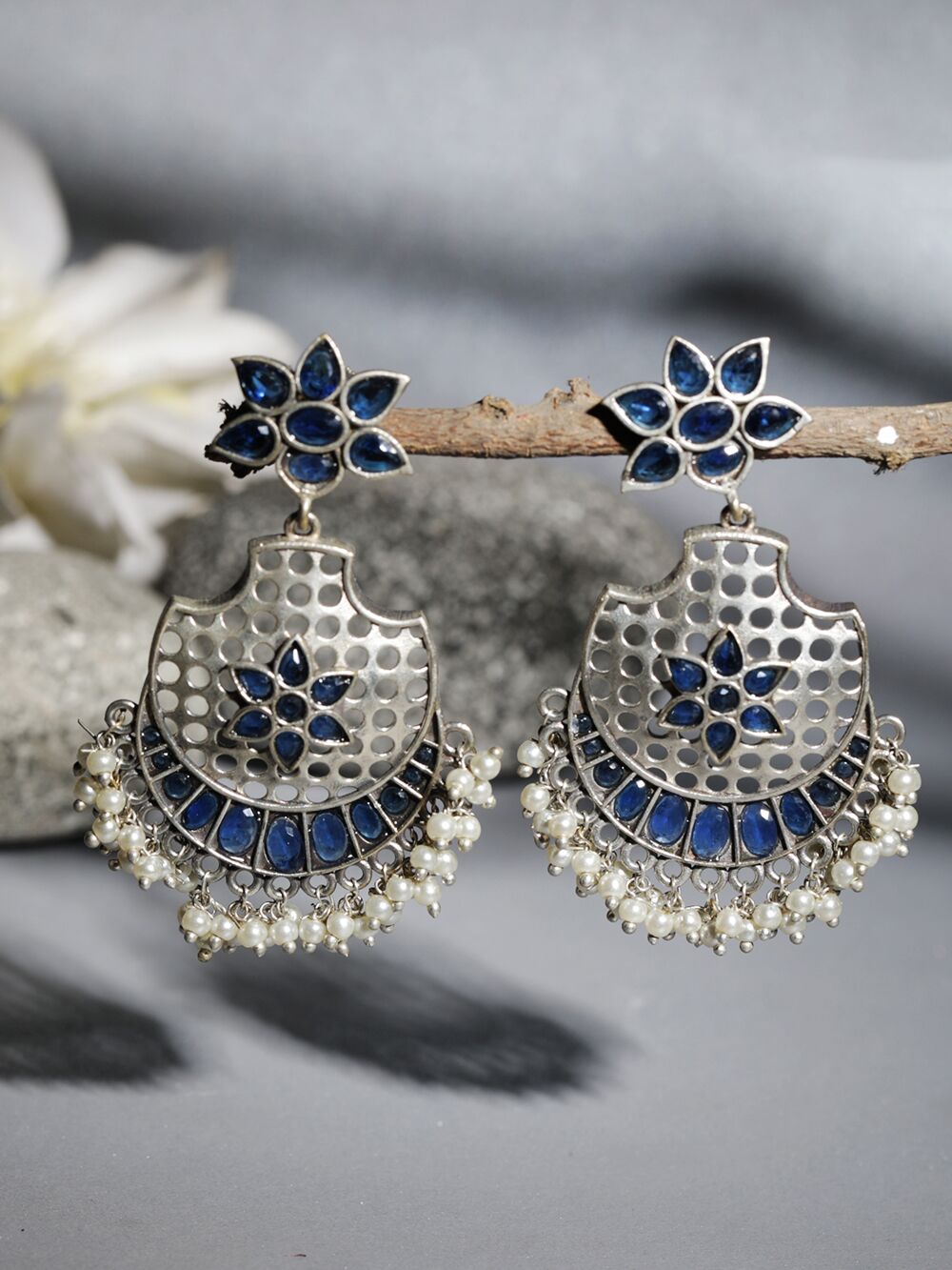 Blue Silver Tone Brass Earrings 