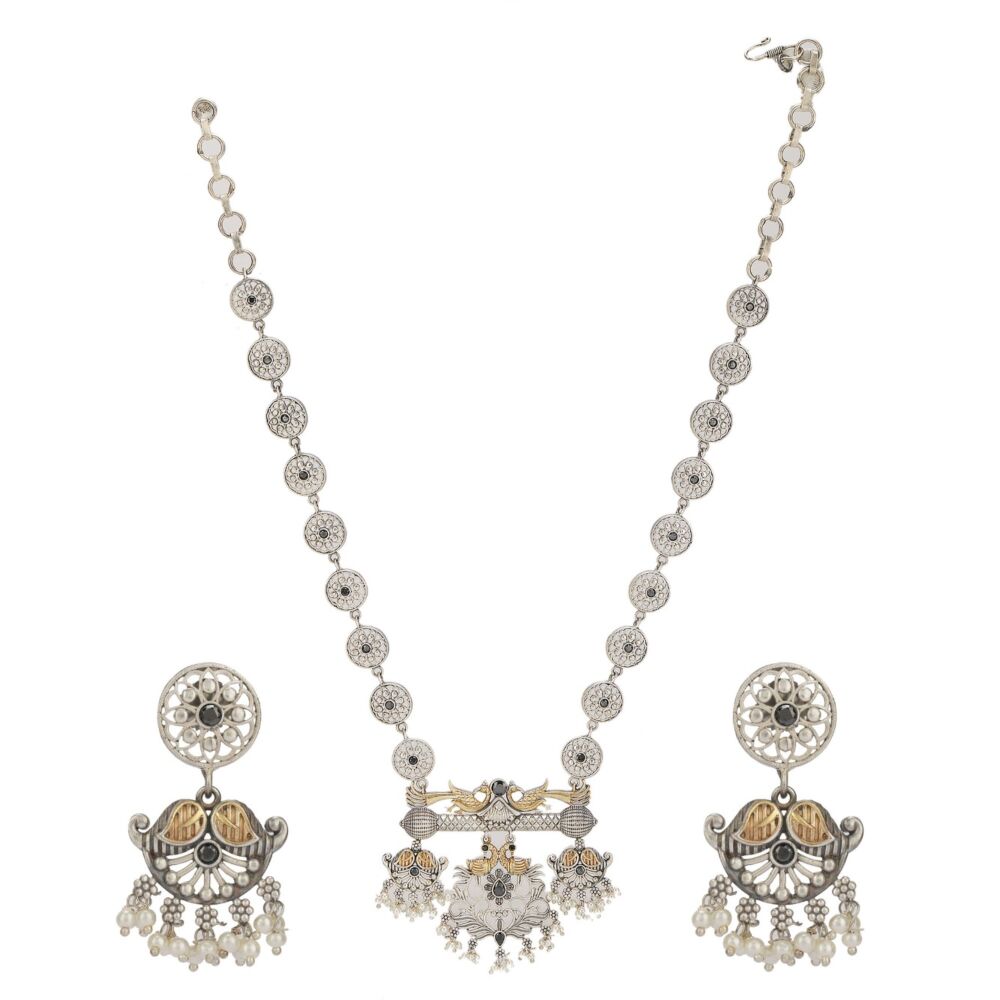 Dual Tone Handcrafted Brass Necklace With Earrings Set Of 2