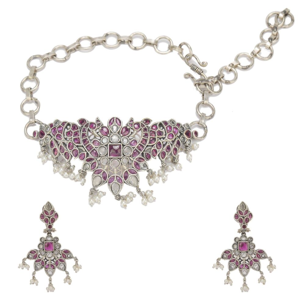 Silver Tone Handcrafted Brass Necklace With Earrings Set Of 2 