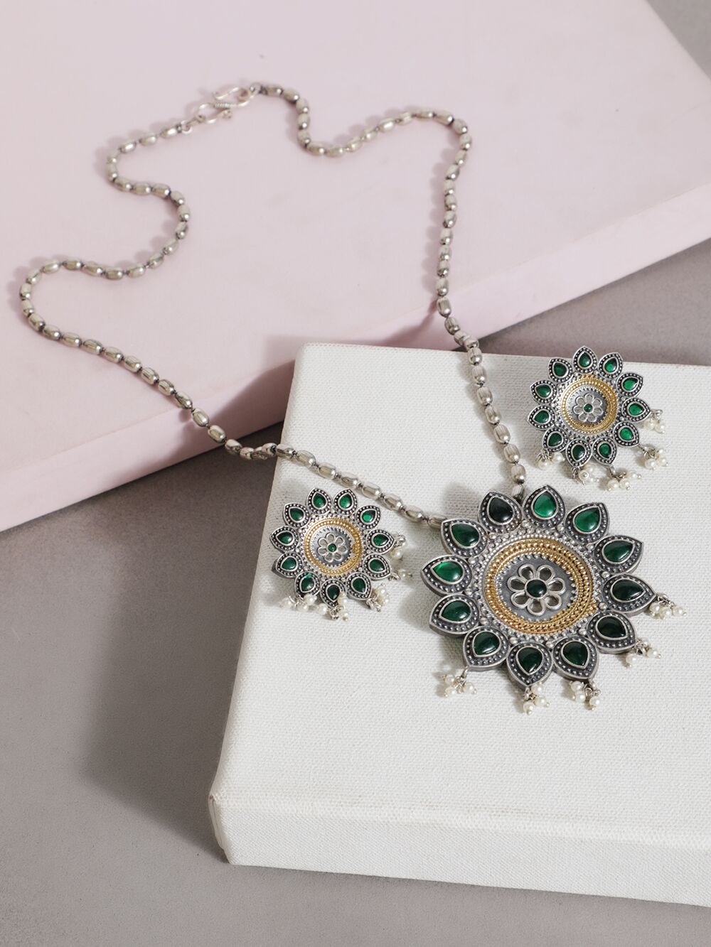 Dual Tone Handcrafted Brass Necklace With Earrings Set Of 2