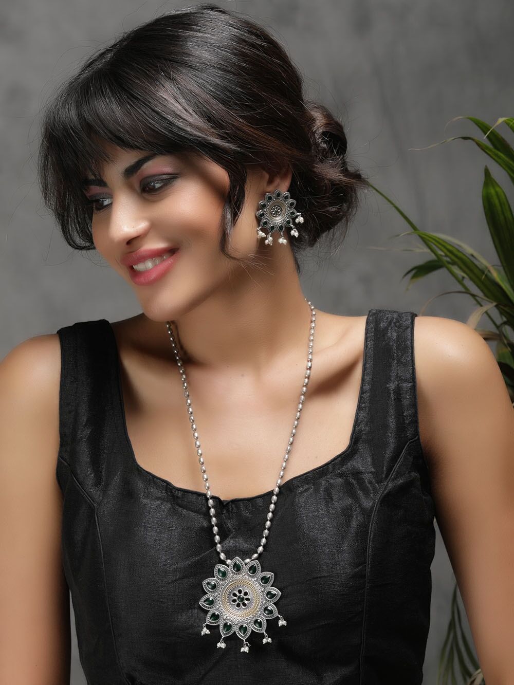 Dual Tone Handcrafted Brass Necklace With Earrings Set Of 2