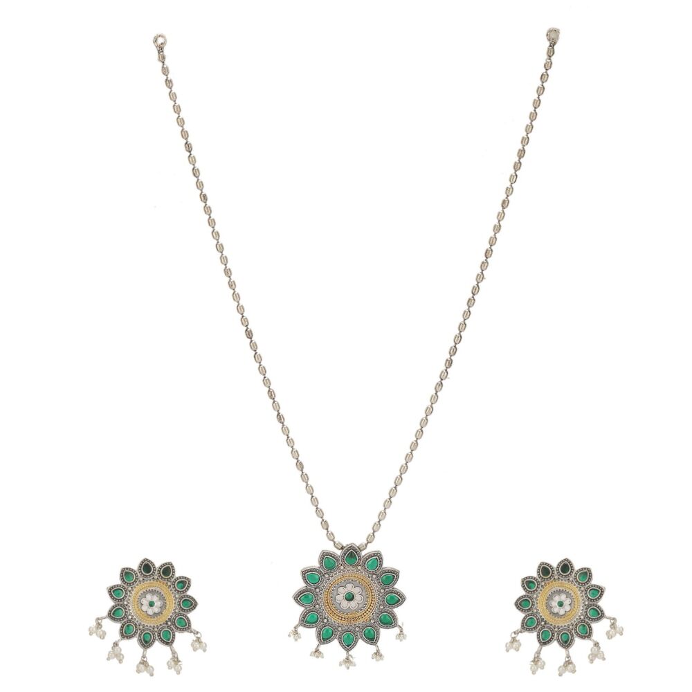 Dual Tone Handcrafted Brass Necklace With Earrings Set Of 2