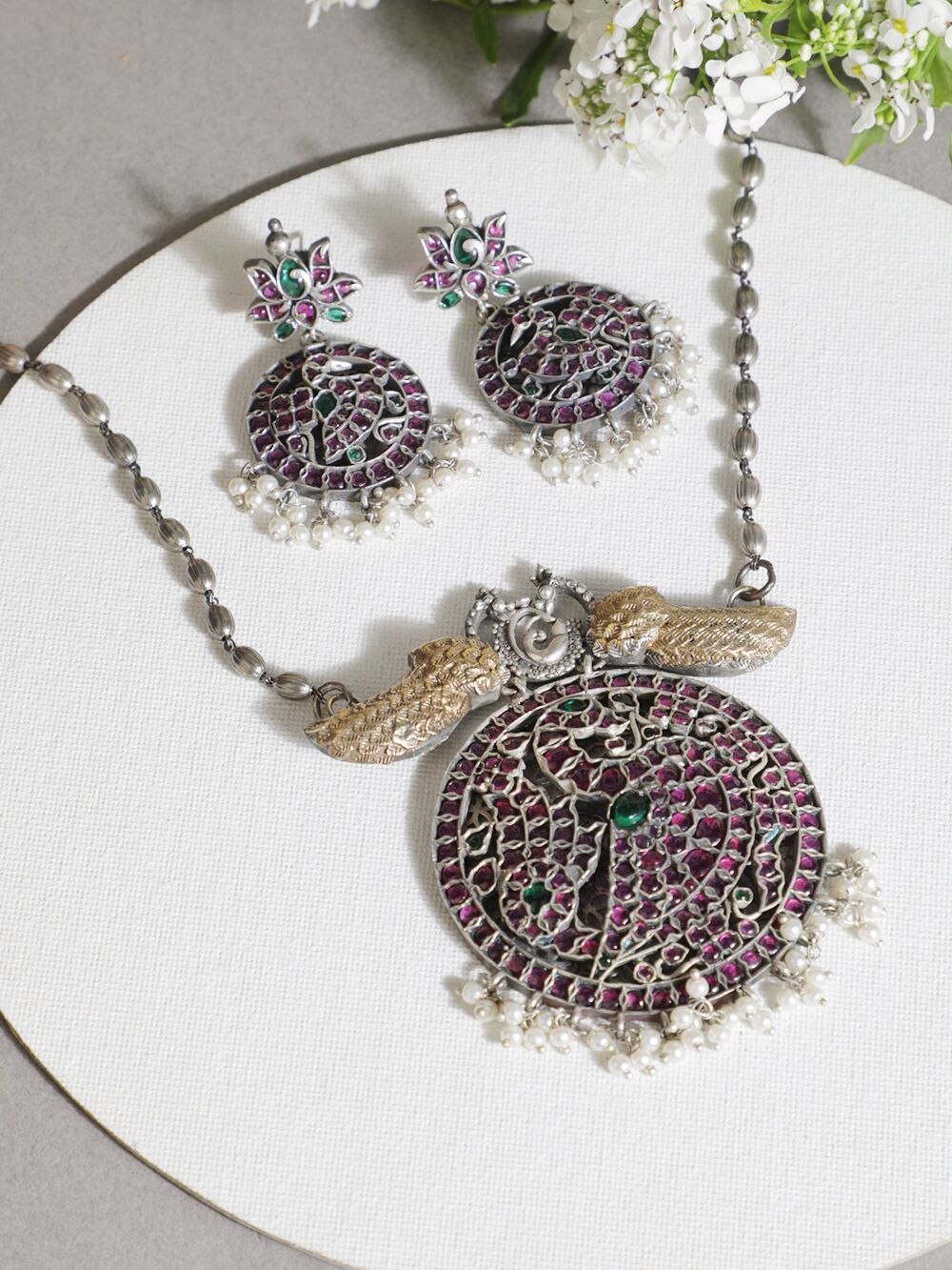 Silver Tone Handcrafted Brass Necklace With Earrings Set Of 2