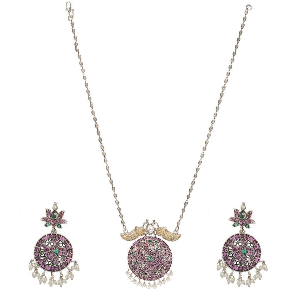 Silver Tone Handcrafted Brass Necklace With Earrings Set Of 2