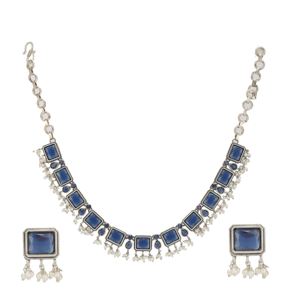 Blue Silver Tone Handcrafted Brass Necklace With Earrings Set Of 2