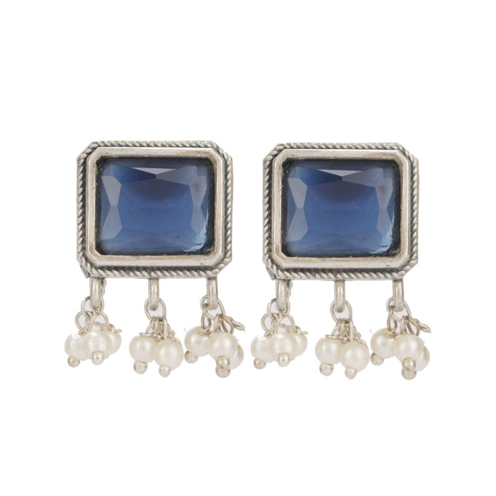 Blue Silver Tone Handcrafted Brass Necklace With Earrings Set Of 2