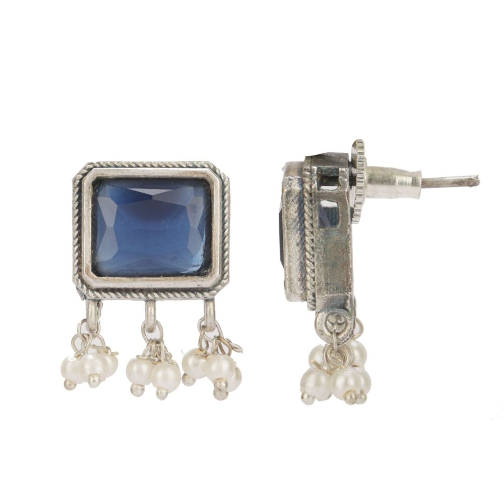 Blue Silver Tone Handcrafted Brass Necklace With Earrings Set Of 2