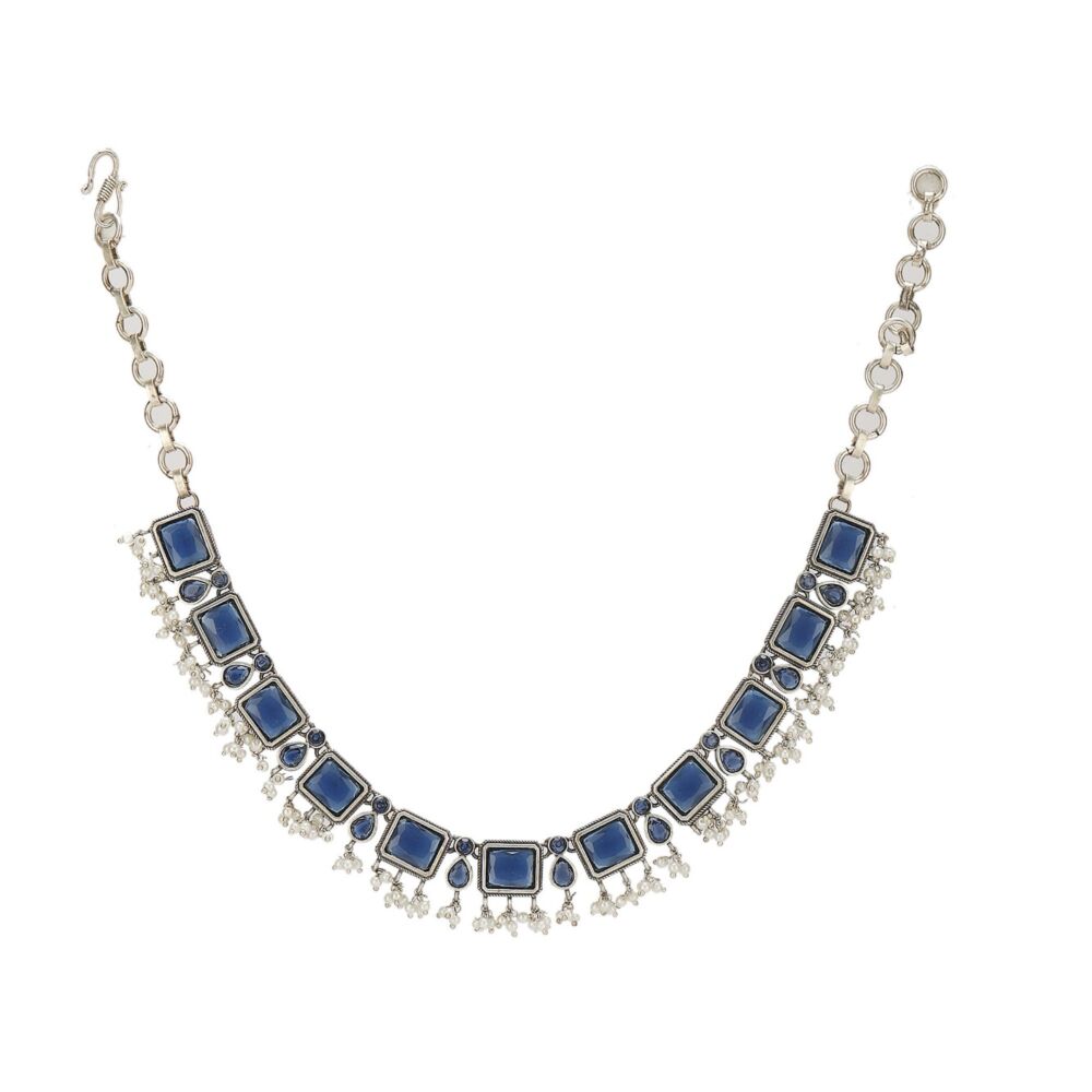 Blue Silver Tone Handcrafted Brass Necklace With Earrings Set Of 2