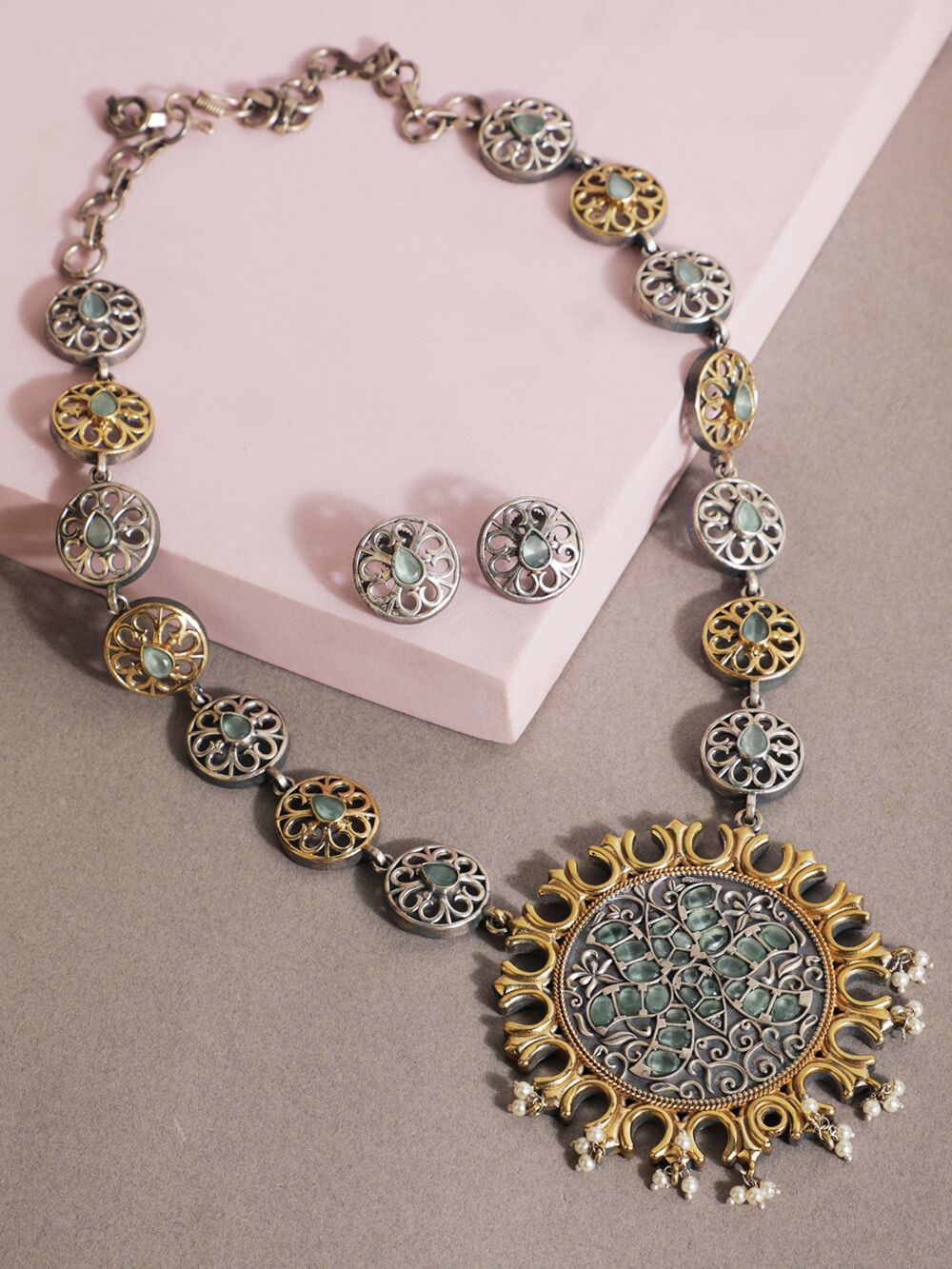 Dual Tone Handcrafted Brass Necklace With Earrings Set Of 2