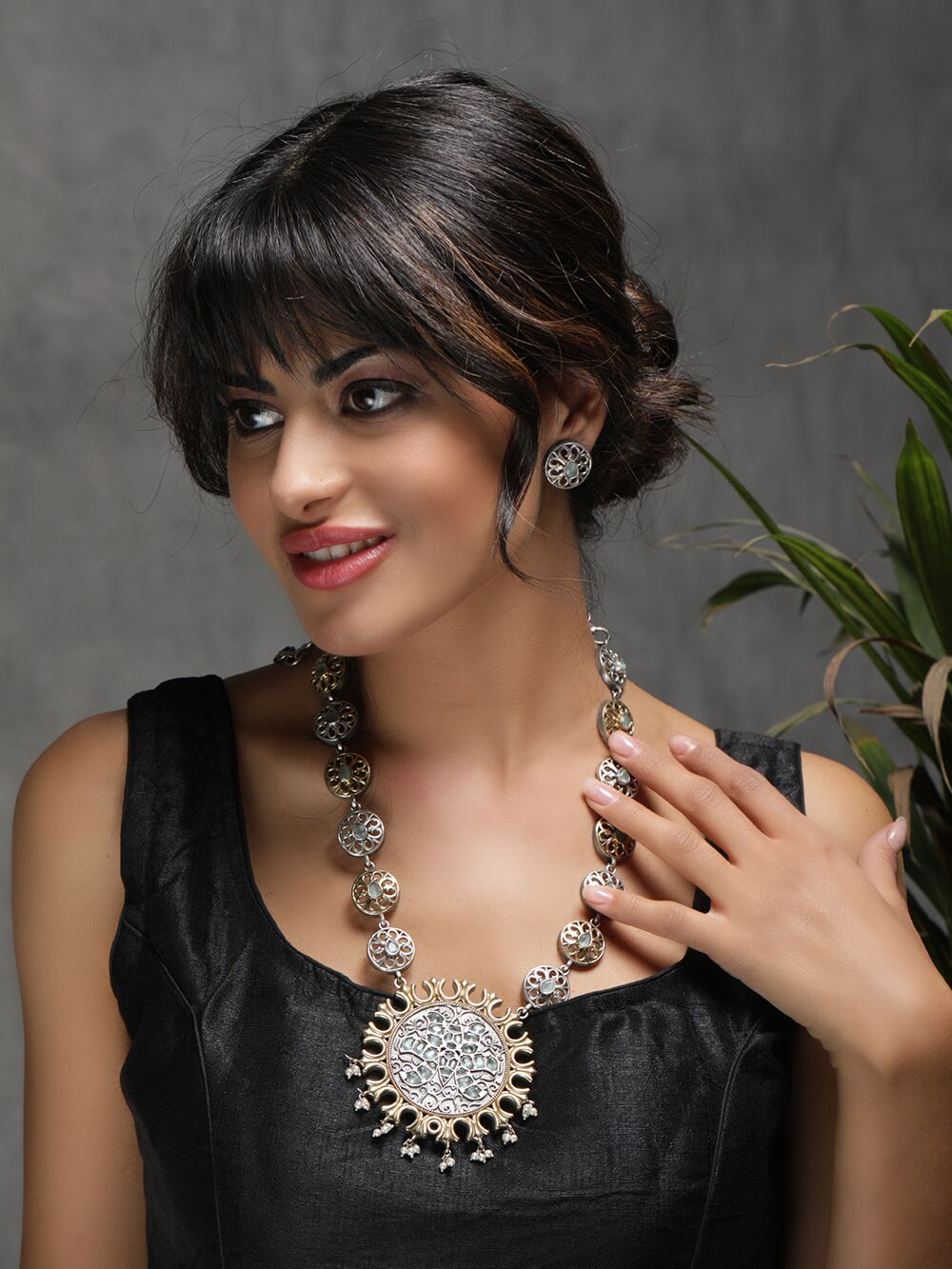 Dual Tone Handcrafted Brass Necklace With Earrings Set Of 2