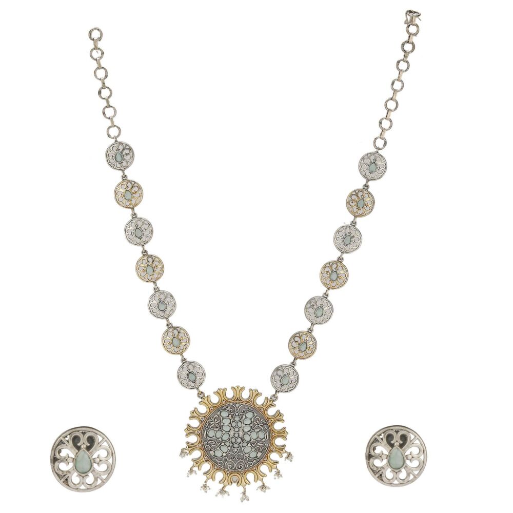 Dual Tone Handcrafted Brass Necklace With Earrings Set Of 2