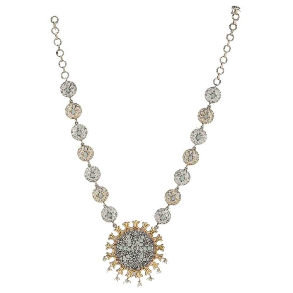 Dual Tone Handcrafted Brass Necklace With Earrings Set Of 2