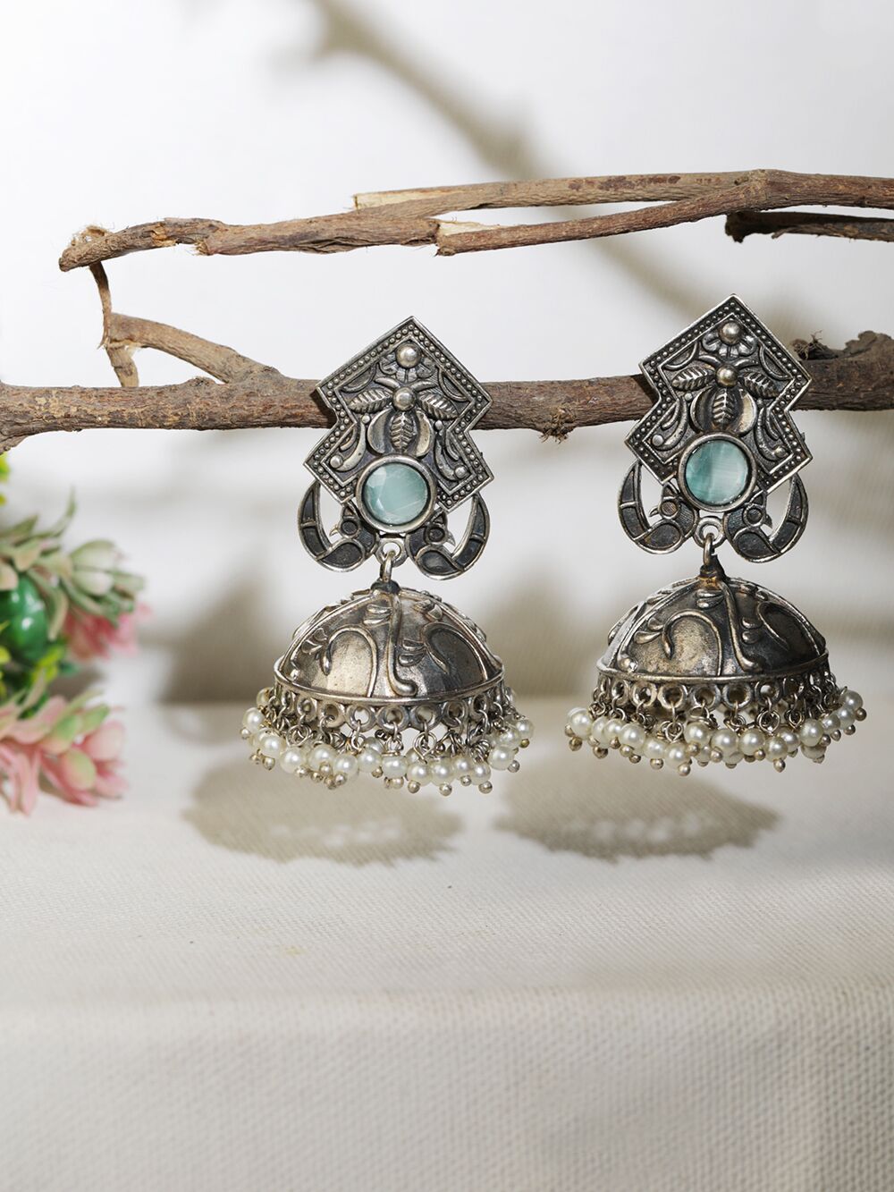 Silver Tone Handcrafted Brass Stud Earrings