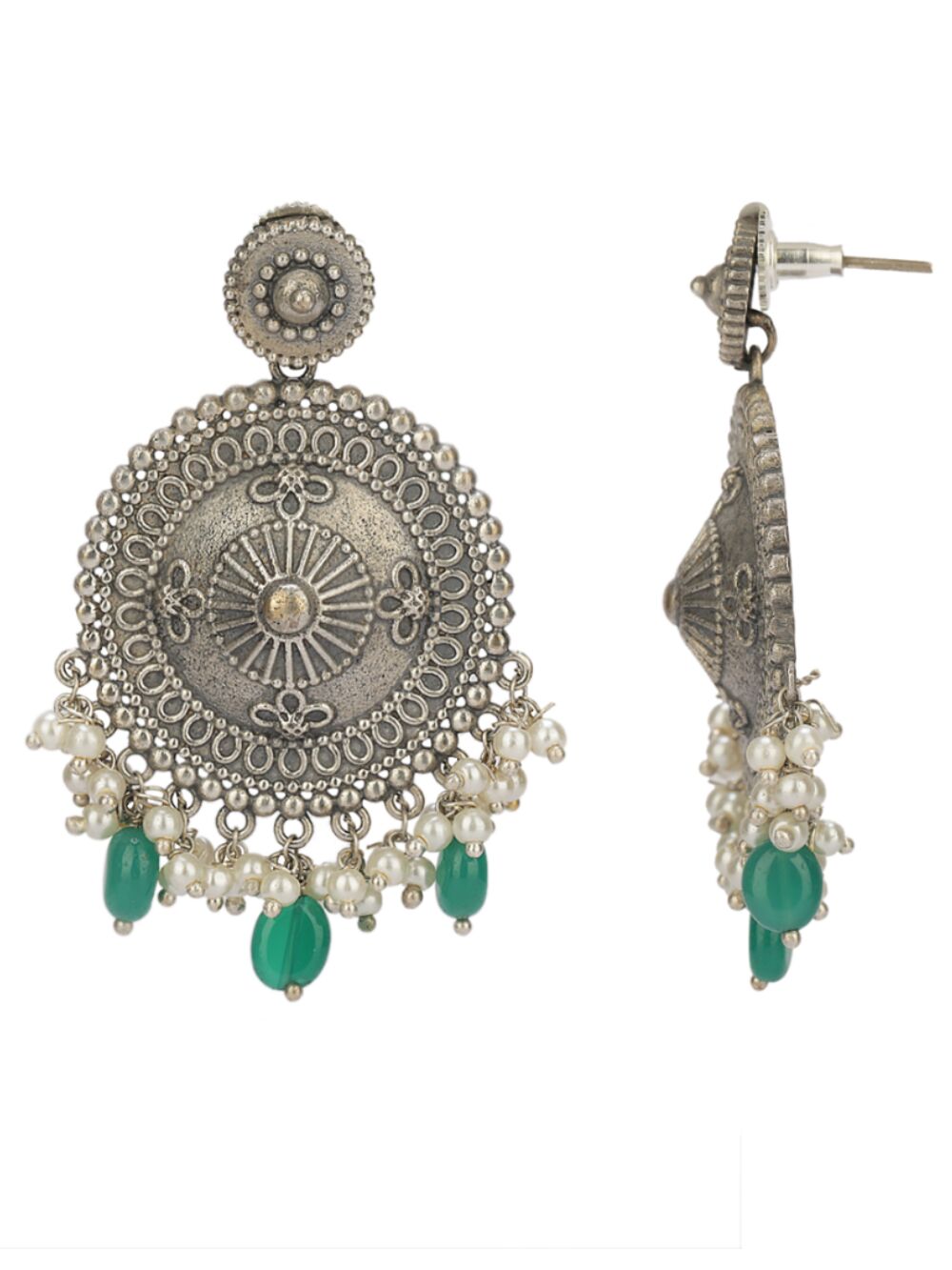 Green Silver Tone Handcrafted Brass Stud Earrings