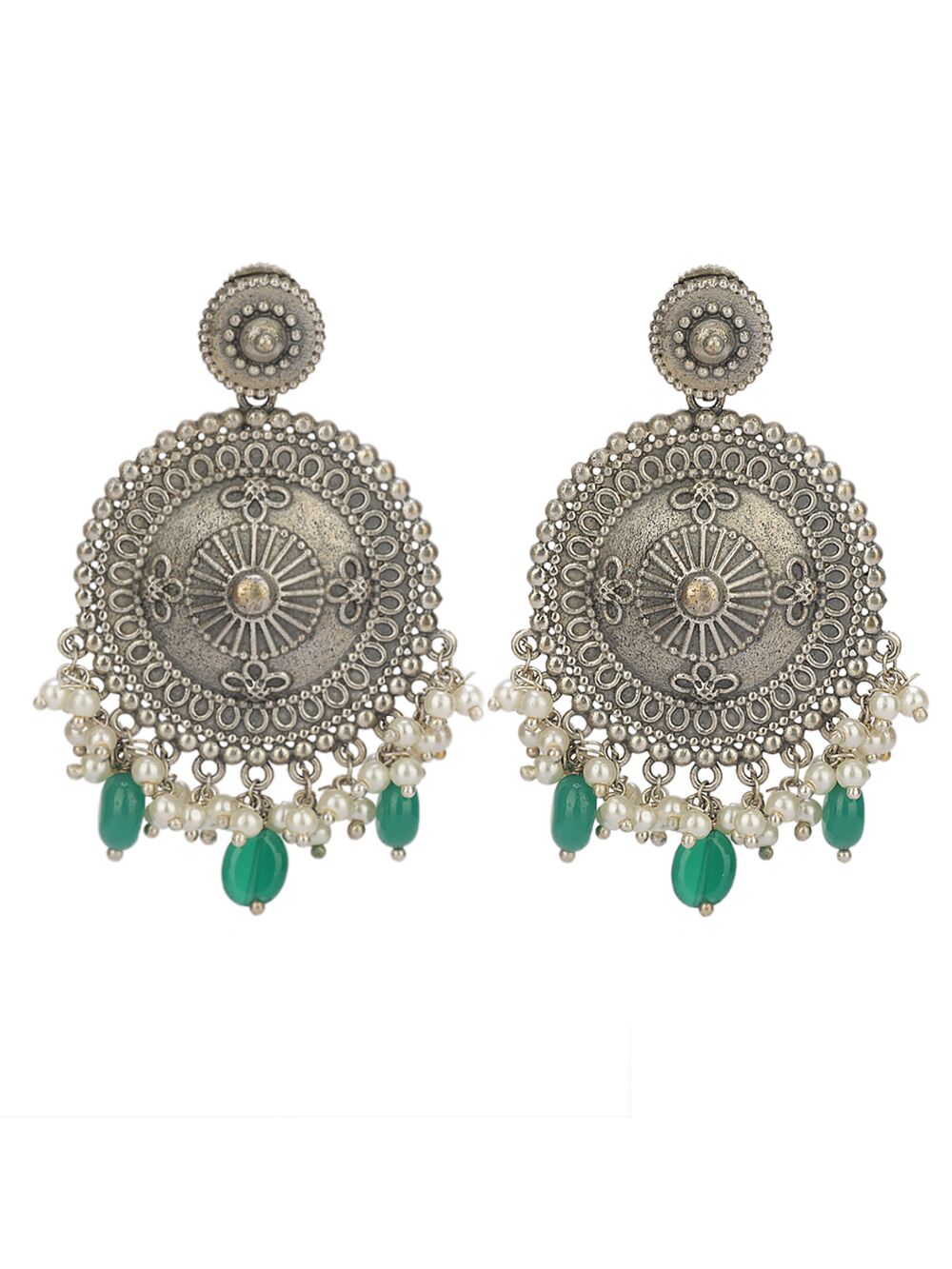 Green Silver Tone Handcrafted Brass Stud Earrings
