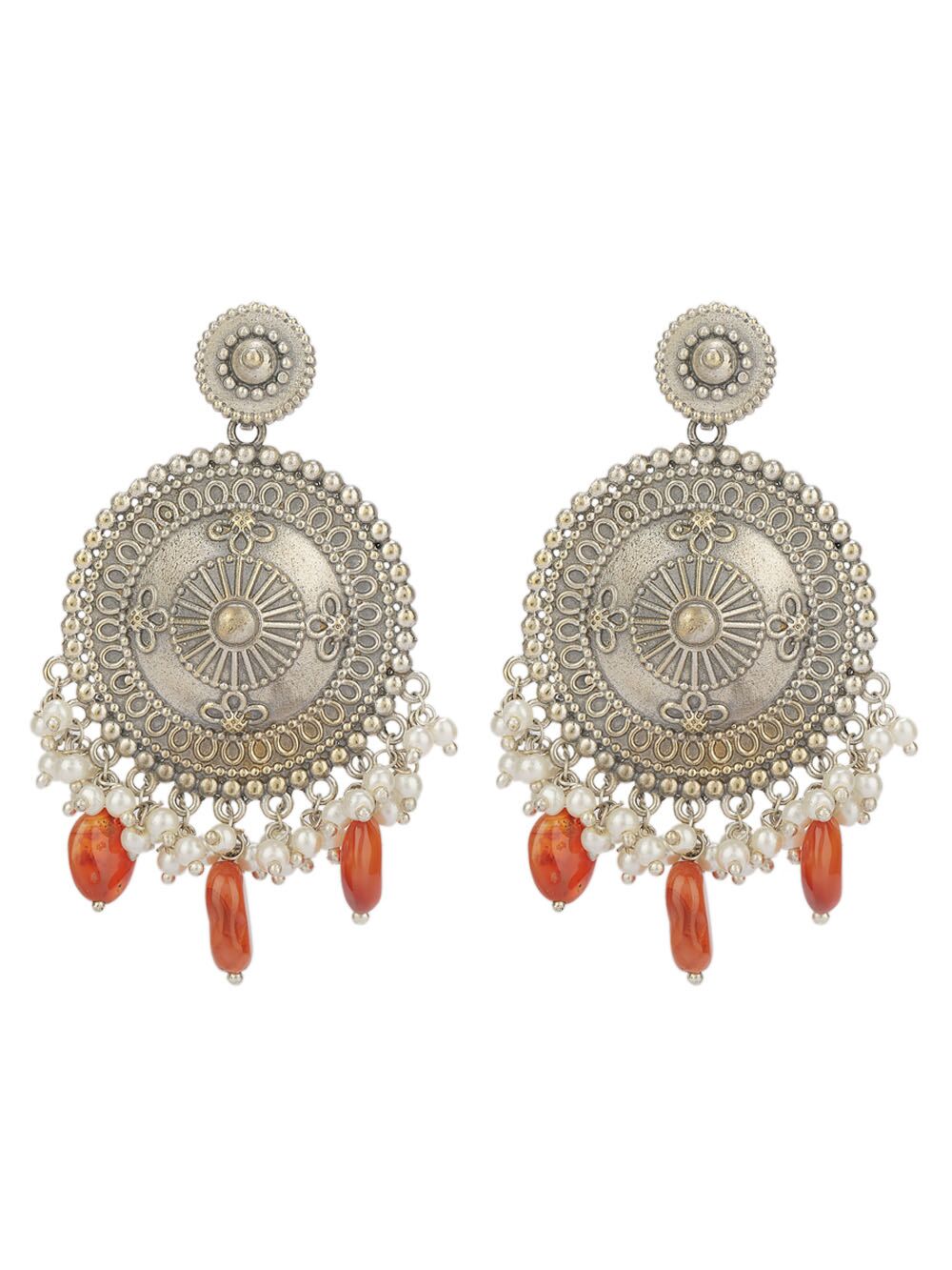Red Silver Tone Handcrafted Brass Stud Earrings