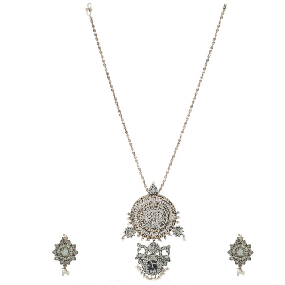 Gray Dual Tone Handcrafted Brass Necklace With Earrings Set Of 2