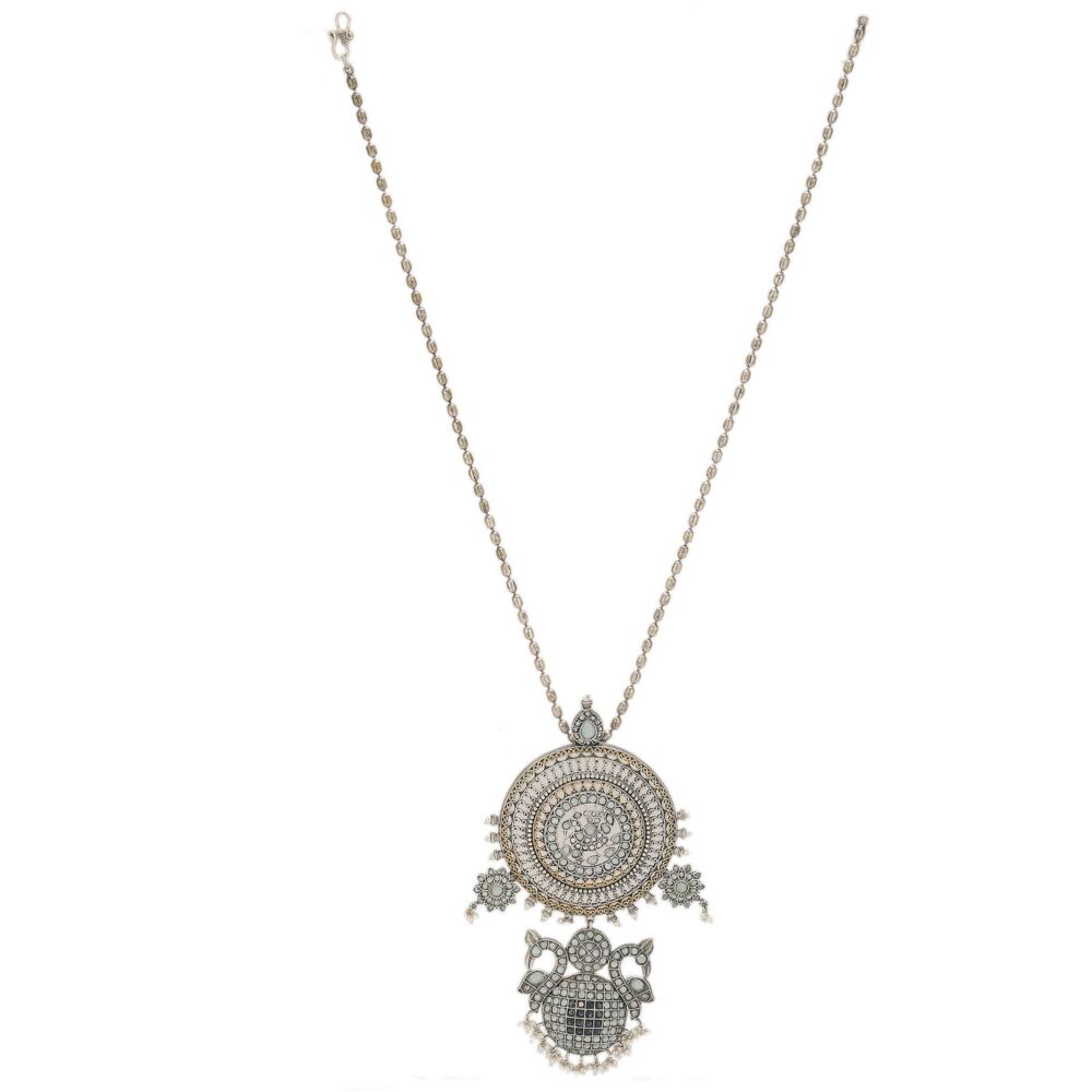Gray Dual Tone Handcrafted Brass Necklace With Earrings Set Of 2