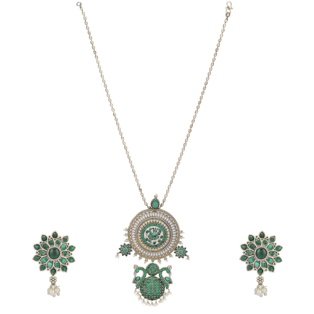 Green Dual Tone Handcrafted Brass Necklace With Earrings Set Of 2