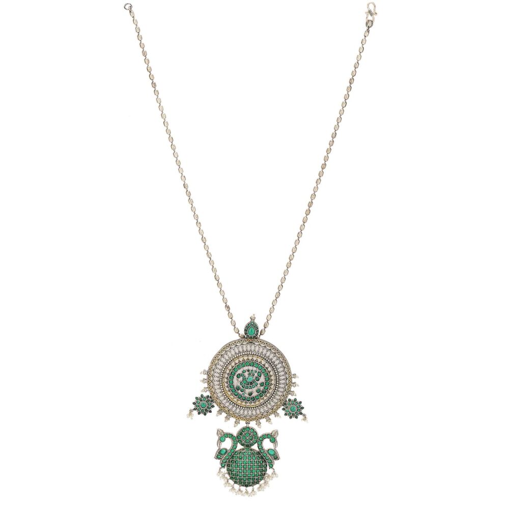 Green Dual Tone Handcrafted Brass Necklace With Earrings Set Of 2