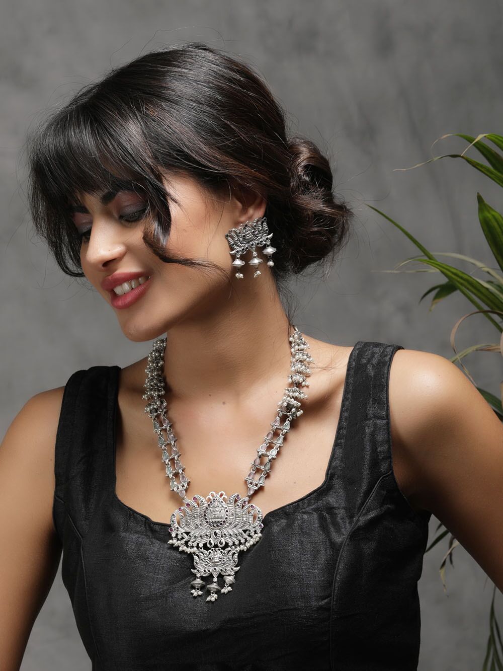 Multicolor Silver Tone Handcrafted Brass Necklace With Earrings Set Of 2