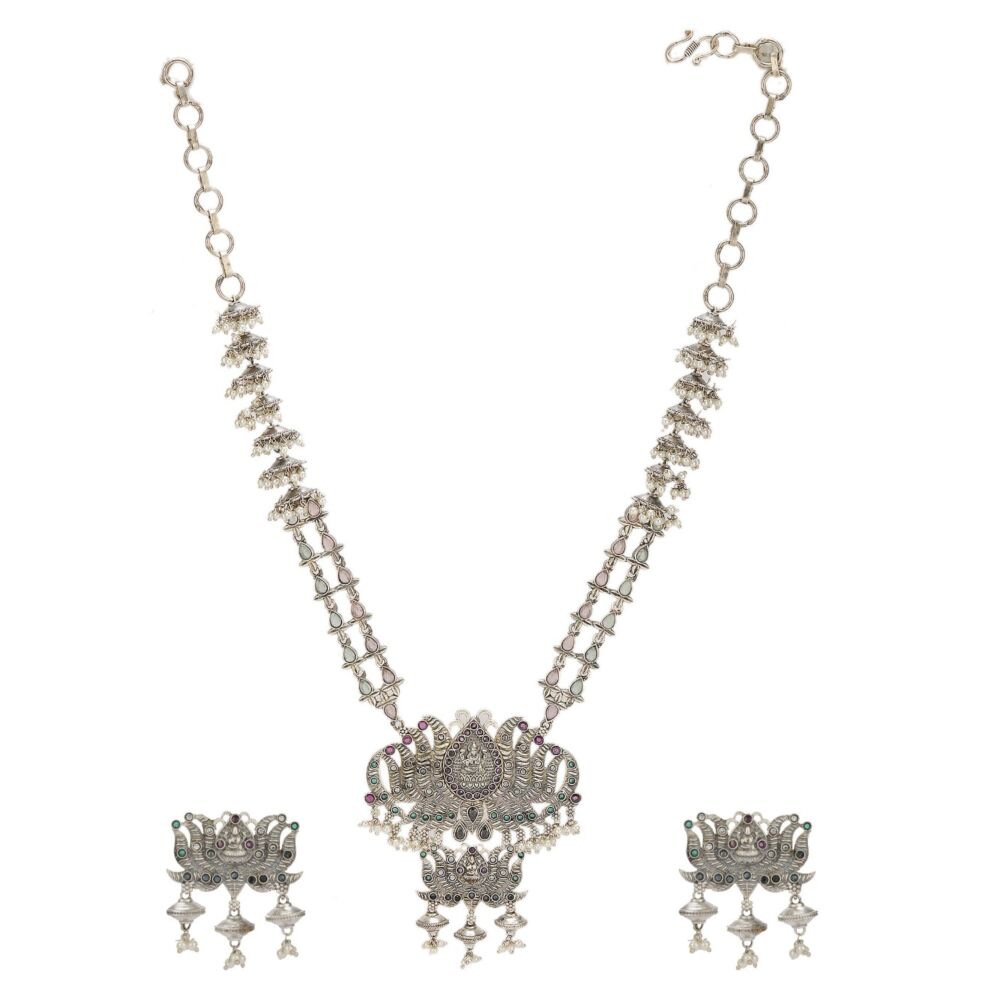 Multicolor Silver Tone Handcrafted Brass Necklace With Earrings Set Of 2