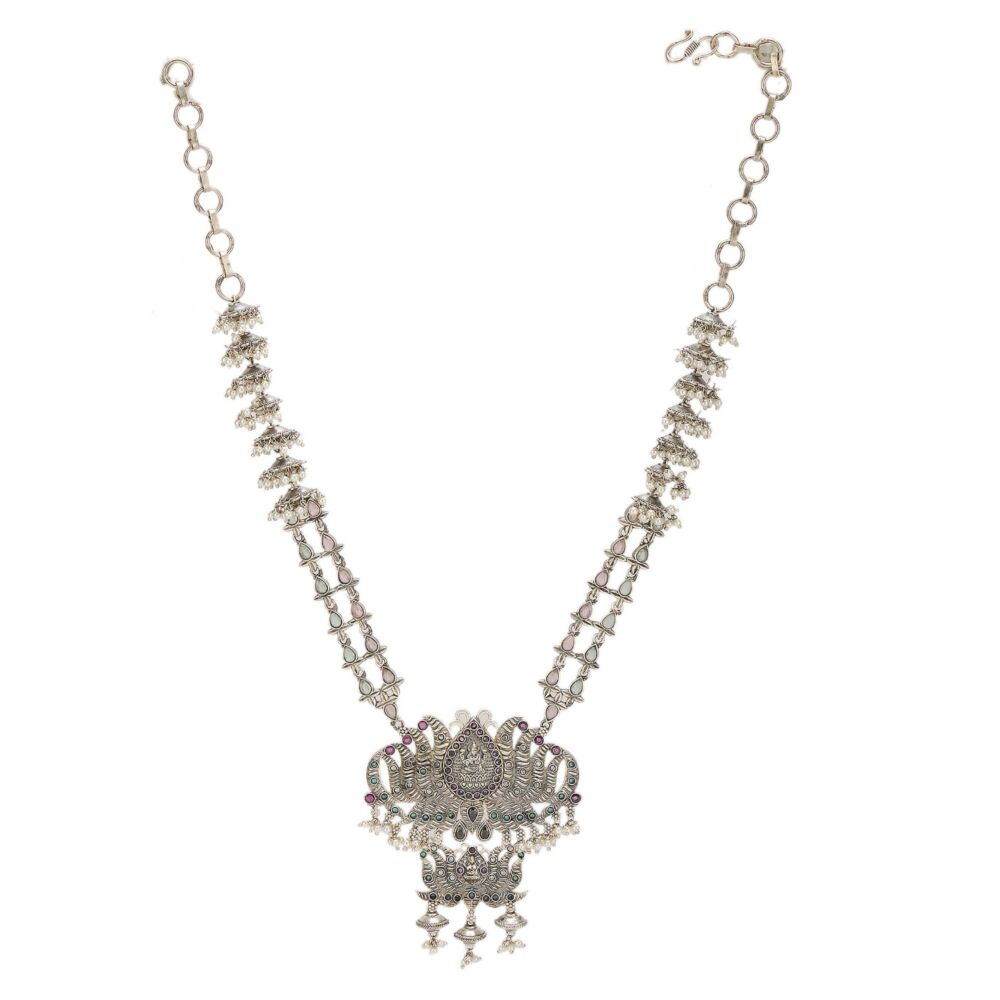 Multicolor Silver Tone Handcrafted Brass Necklace With Earrings Set Of 2
