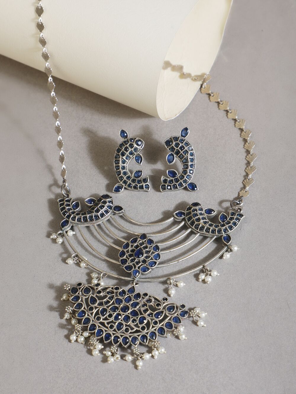 Blue Silver Tone Handcrafted Brass Necklace With Earrings Set Of 2