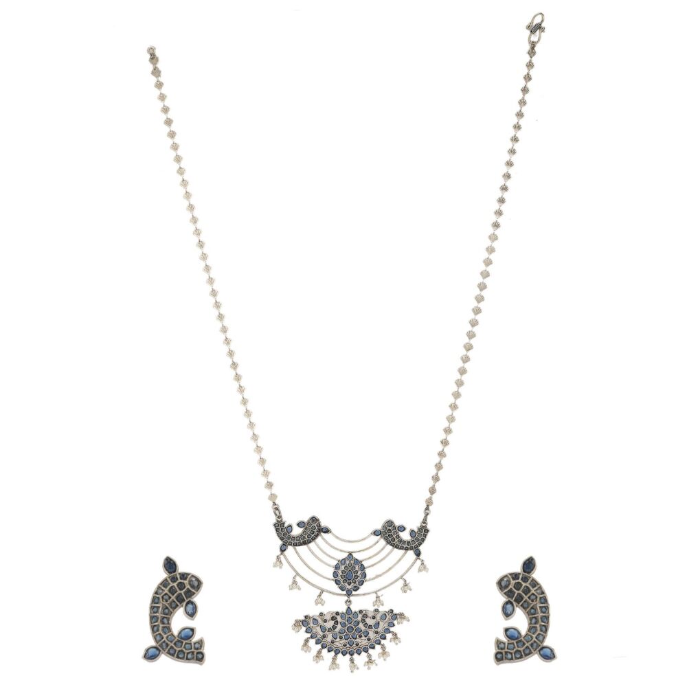 Blue Silver Tone Handcrafted Brass Necklace With Earrings Set Of 2