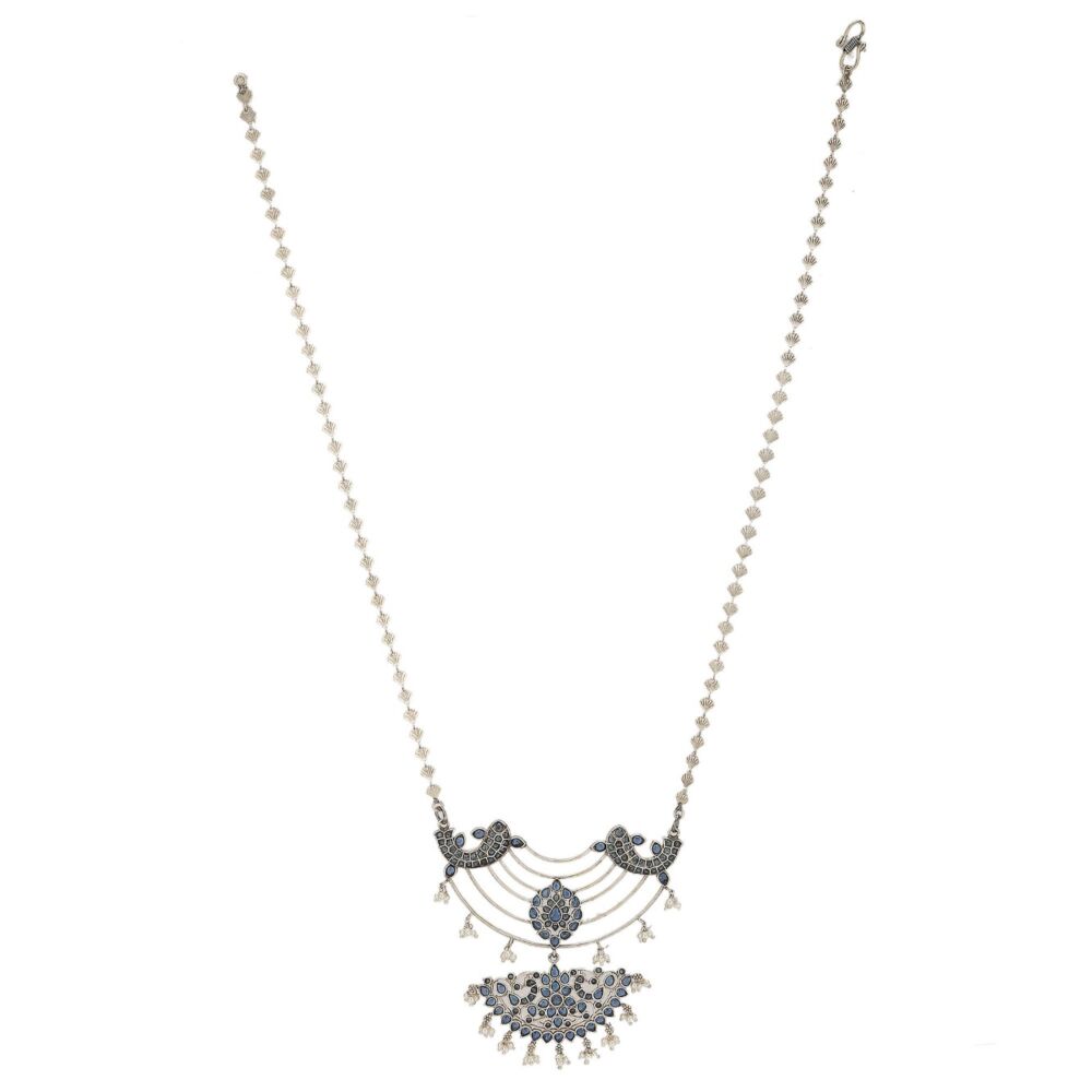Blue Silver Tone Handcrafted Brass Necklace With Earrings Set Of 2