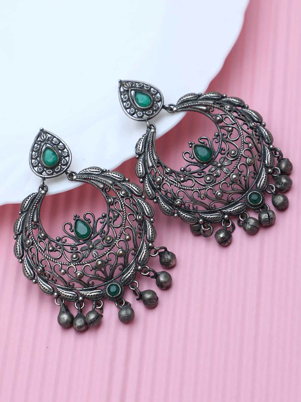 GREEN SILVER TONE HANDCRAFTED BRASS EARRINGS