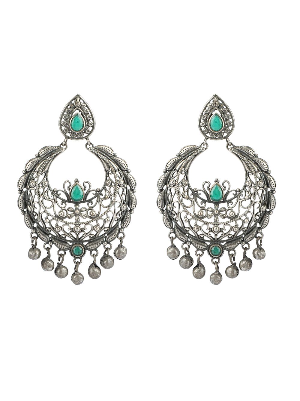 GREEN SILVER TONE HANDCRAFTED BRASS EARRINGS