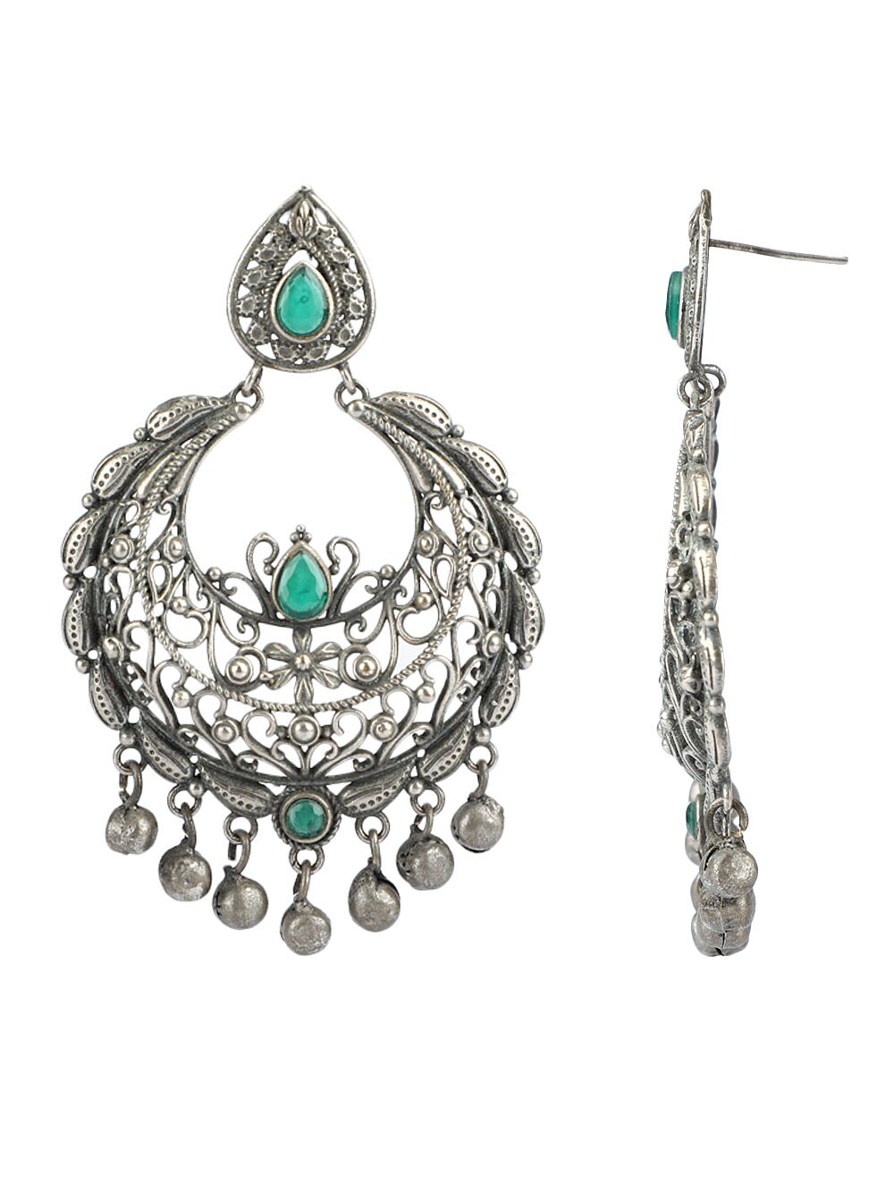 GREEN SILVER TONE HANDCRAFTED BRASS EARRINGS
