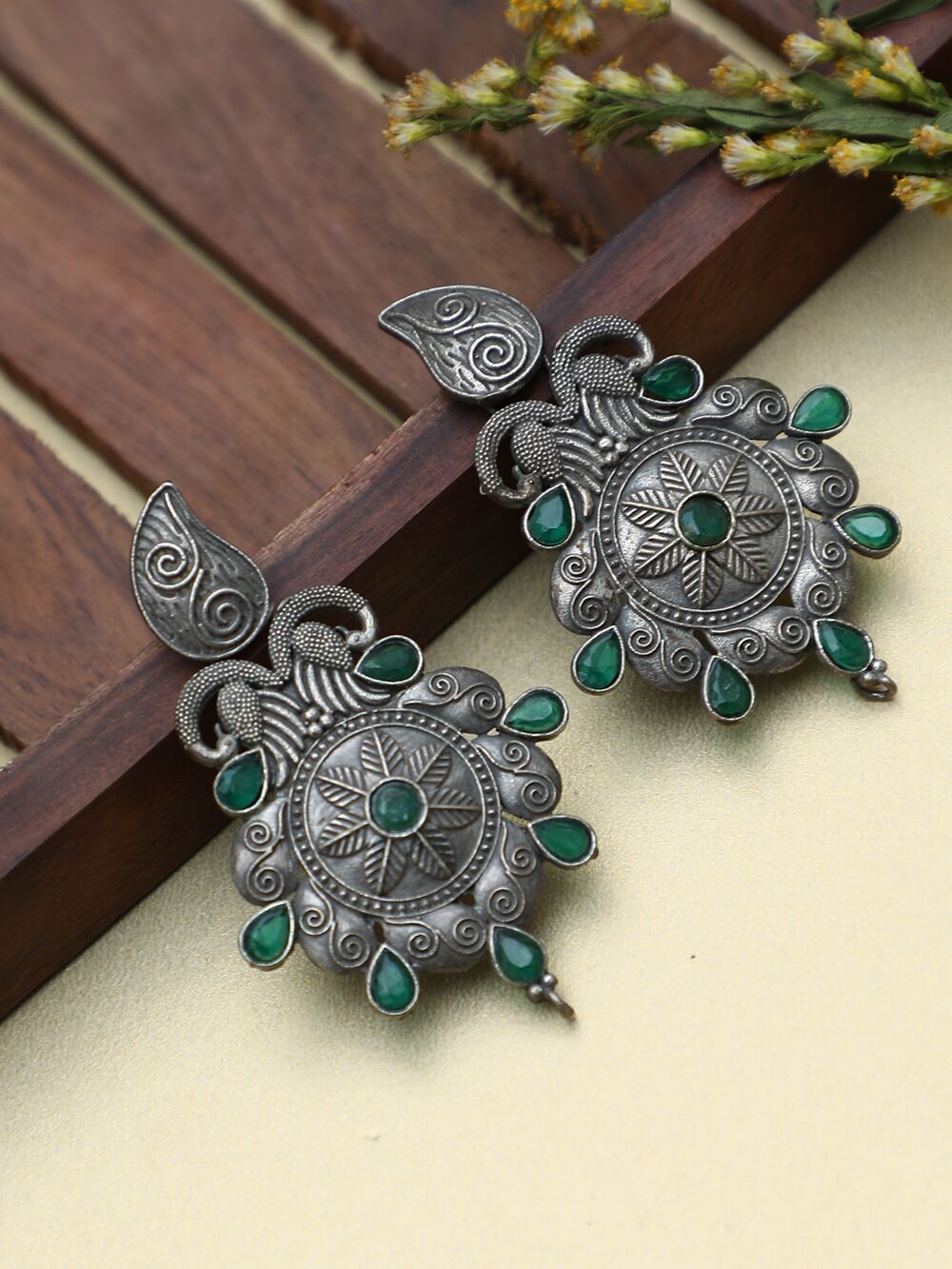 GREEN SILVER TONE HANDCRAFTED BRASS EARRINGS