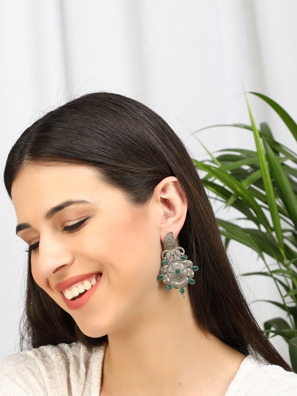 GREEN SILVER TONE HANDCRAFTED BRASS EARRINGS