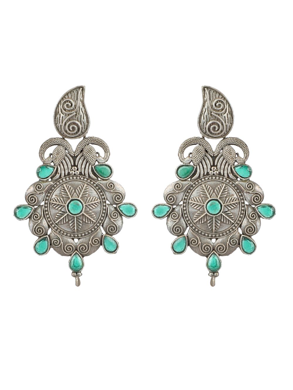 GREEN SILVER TONE HANDCRAFTED BRASS EARRINGS