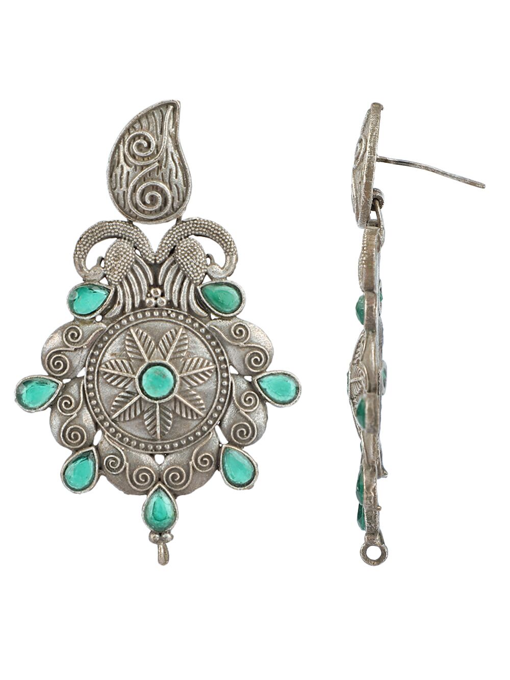 GREEN SILVER TONE HANDCRAFTED BRASS EARRINGS