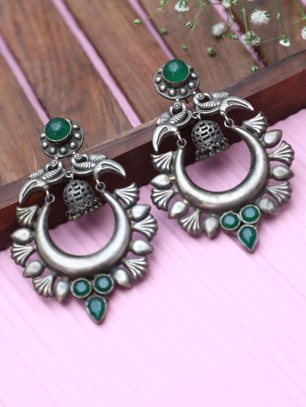 GREEN SILVER TONE HANDCRAFTED BRASS EARRINGS