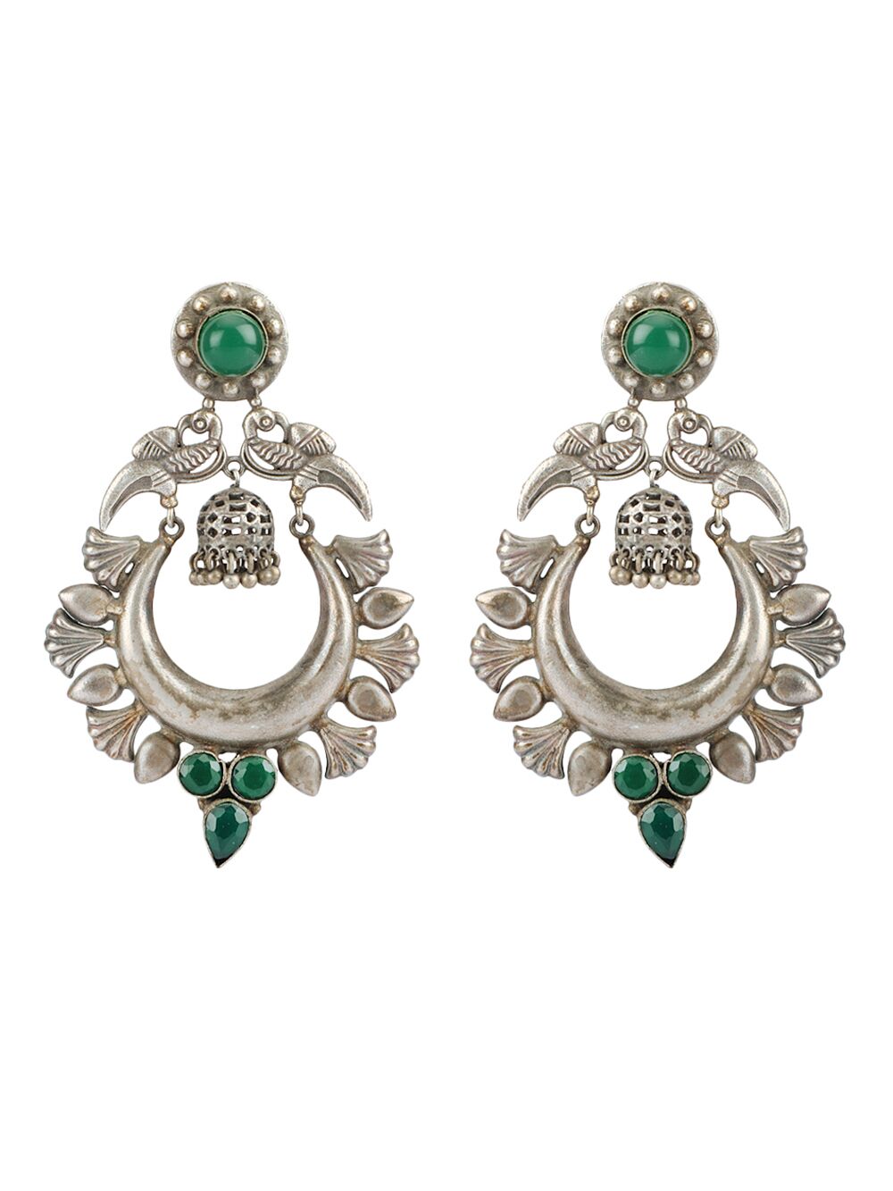 GREEN SILVER TONE HANDCRAFTED BRASS EARRINGS