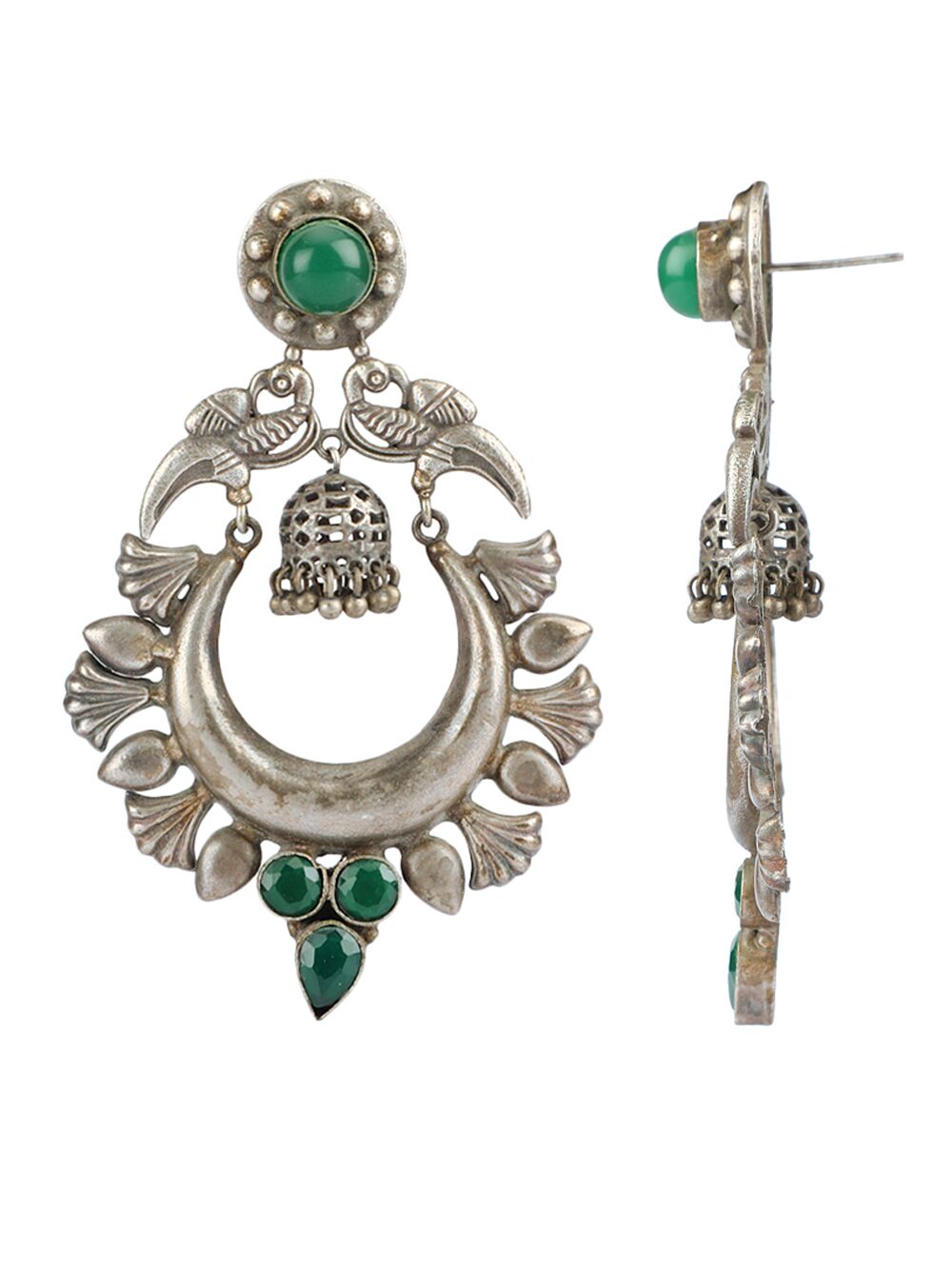 GREEN SILVER TONE HANDCRAFTED BRASS EARRINGS